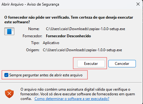 Aviso padrão do Windows — O fornecedor não pode ser verificado